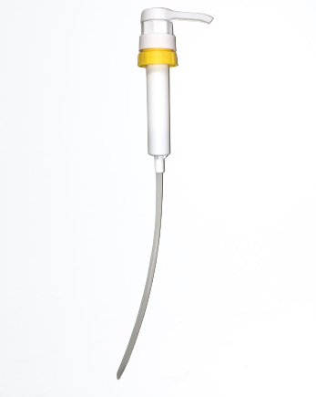 A white and yellow 3.5 gallon pail pump with a tube, against a plain background.

