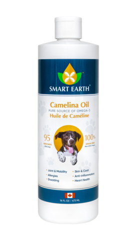 A bottle of Camelina Oil for Canine, 16oz, with product information and branding.

